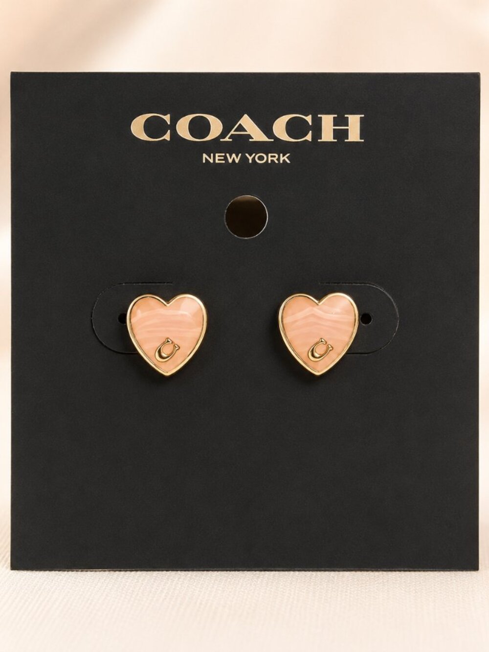 Coach Gold Heart Logo Stud Earrings Pink Enamel Heart NWT